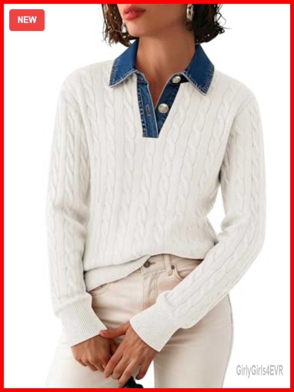 Sweater Denim Lapel V Neck Button Cable Knit Loose Pullover